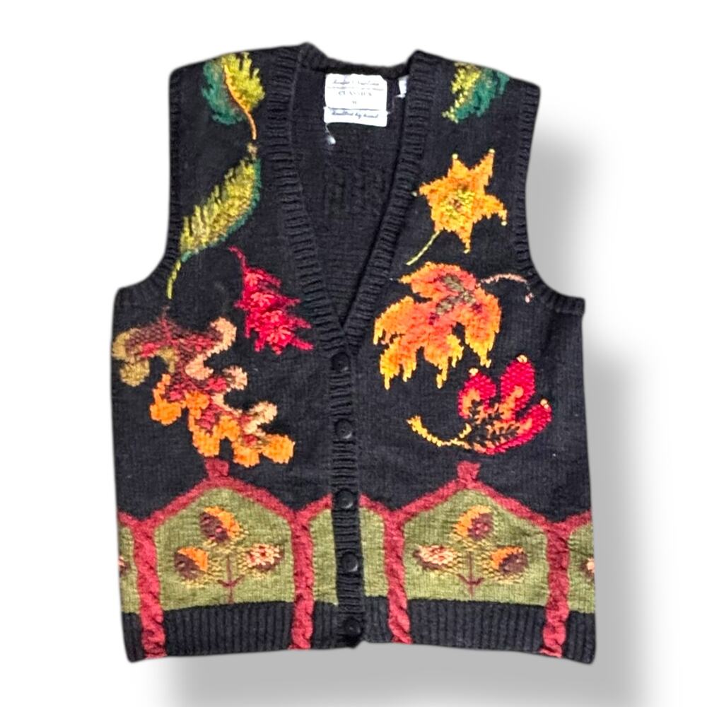 Vintage Hand Knit Autumn‎ Leaf Sweater Vest Cottagecore Woodland Button Front